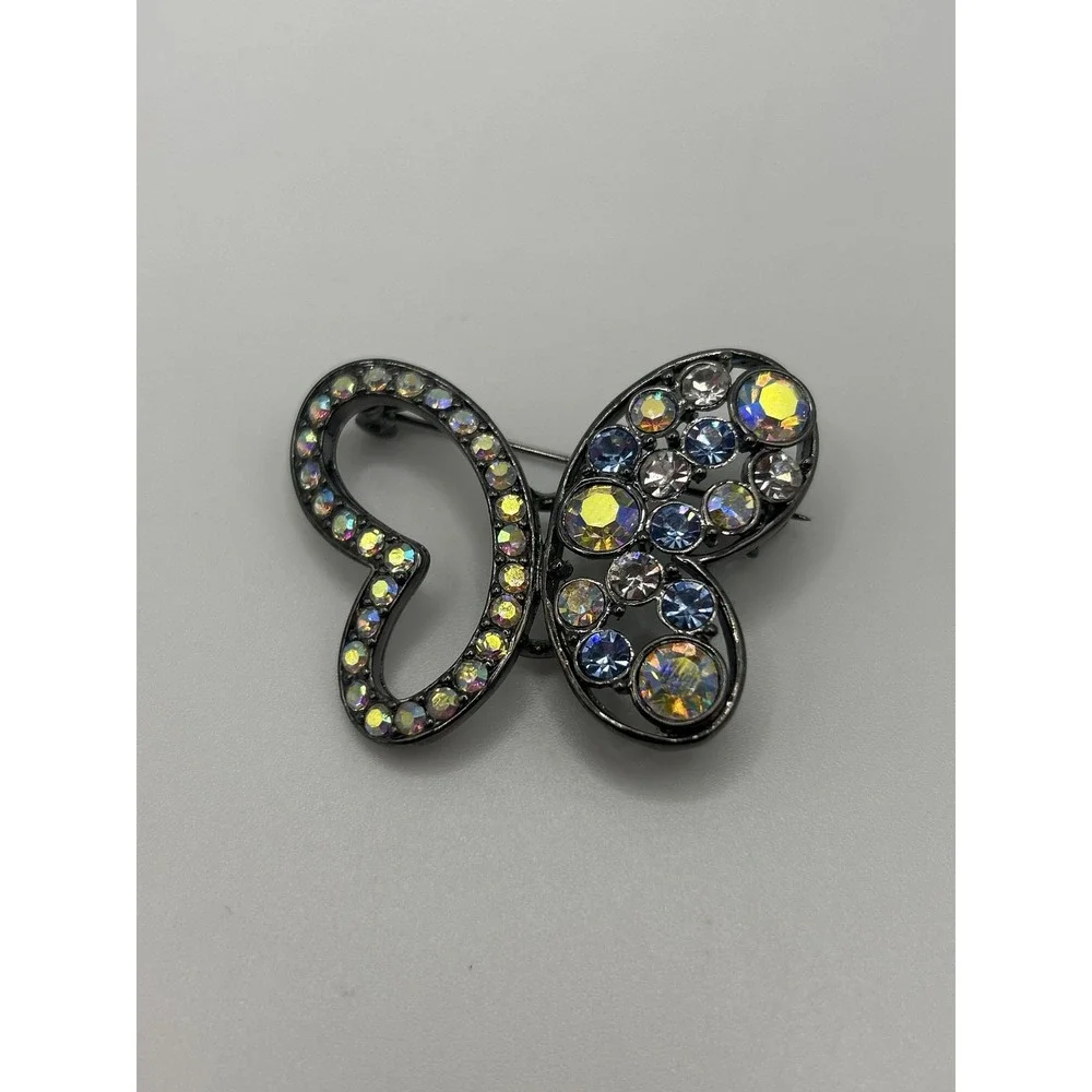 Lia Sophia Butterfly Heart‎ Brooch Pin Gunmetal Aurora Borealis Rhinestone